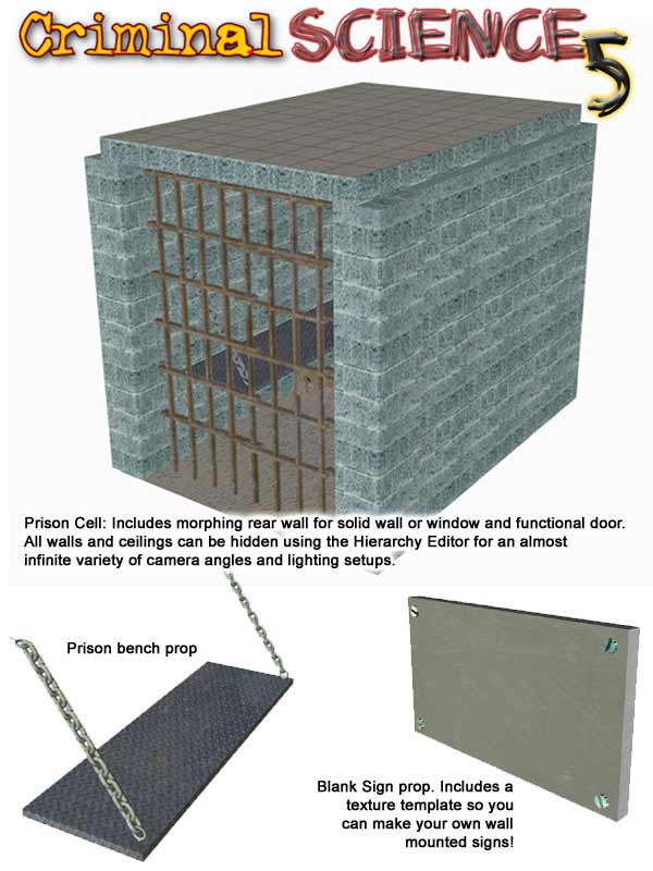 Dendras' Criminal Science Set 5: Prison Cell, Bench, & Sign